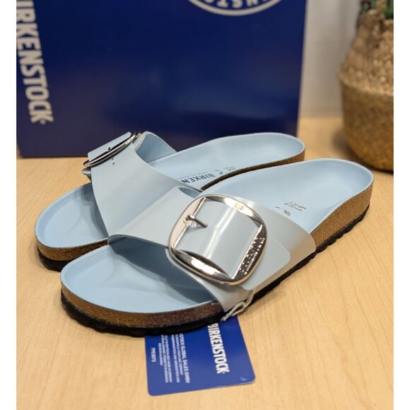 Birkenstock Madrid Big Buckle Baby Blue Natural Leather Patent Sandals EU 41 NIB - Picture 4 of 15